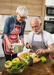 Senior couple preparing vegetable soup at home