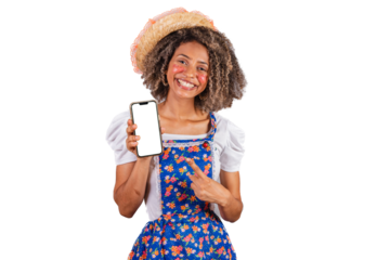 Young black Brazilian woman, with country clothes, dressed for Festa Junina. holding smartphone with white screen for ads, mobile apps.