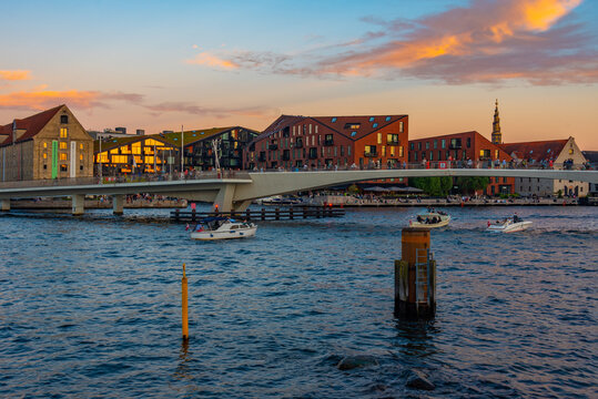 Sunset view of a channel in central Copenhagen, Denmark.