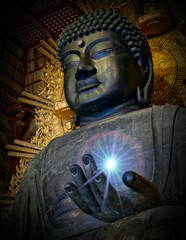 Buddha statue in a temple with beautiful star in his hand. 3D illustration