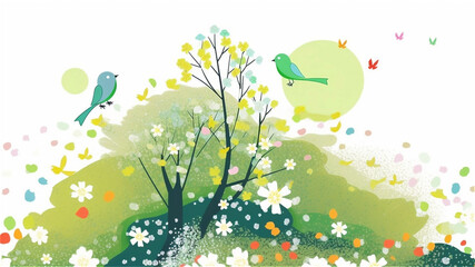 Spring time background illustration with trees and birds, watercolor