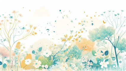 Fototapeta na wymiar Spring time background illustration with trees and birds, watercolor