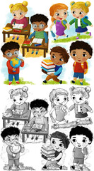 cartoon scene with school kids pupils together having fun learning on white background illustration for children
