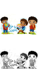 cartoon scene with school kids pupils together having fun learning on white background illustration for children