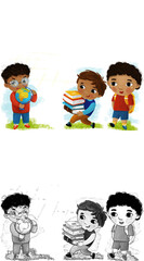 cartoon scene with school kids pupils together having fun learning on white background illustration for children