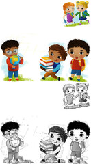 cartoon scene with school kids pupils together having fun learning on white background illustration for children