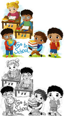 cartoon scene with school kids pupils together having fun learning on white background illustration for children