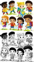 cartoon scene with school kids pupils together having fun learning on white background illustration for children