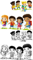 Obraz na płótnie Canvas cartoon scene with school kids pupils together having fun learning on white background illustration for children