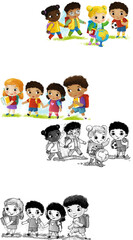 cartoon scene with school kids pupils together having fun learning on white background illustration for children