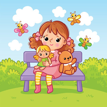Cute little girl sits on a bench with toys.