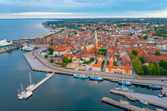 Sunset aerial view of Danish town Helsingor
