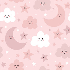 Seamless pattern with cute moon, clouds and stars. Sleeping moon, baby texture on pink background. Vector illustration. It can be used for wallpapers, wrapping, cards, patterns for clothes and other.
