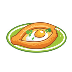Khachapuri with egg lies on a beautiful plate on a white background.