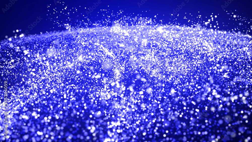 Poster abstract bg with blue magic glitters fly in air and form beautiful swirls. sparkles float in viscous
