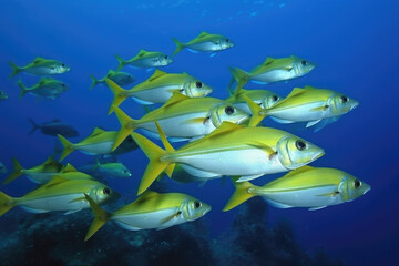 Fototapeta na wymiar Yellow fishes in the ocean Generative AI