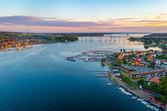 Sunset view of Svendborgsundbroen bridge in Denmark