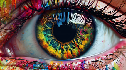 Human eye iris close up, colorful photorealistic detailed painting, psychedelic art