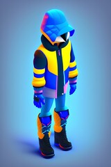 Cute isometric 3D image of humanoid hawk bright blue jacket, big gloves and boots - generative ai