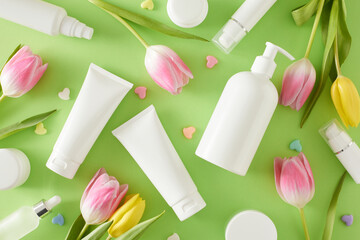 Organic beauty products concept. Top view photo of pump bottle without label cosmetic tubes cream jars colorful hearts and yellow pink tulips on light green background