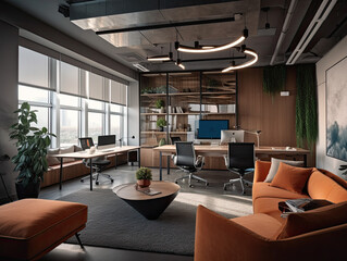 Fototapeta na wymiar This office is designed to enhance creativity and productivity with its minimalist style, ample natural light, vibrant decor, and discreetly placed smart home technology.