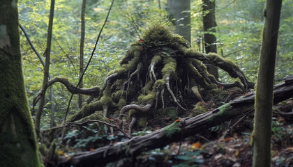 Creepy tree stump in a dense forest. Disturbing, scary, forest.