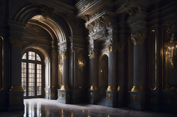 gold and black baroque style portal of a palace, columns  interior palace design, generative ai 