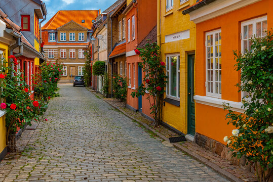 Colorful street in Danish town Faaborg