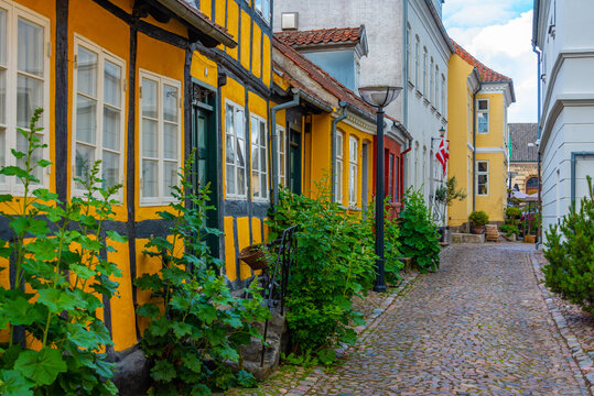 Colorful street in Danish town Faaborg
