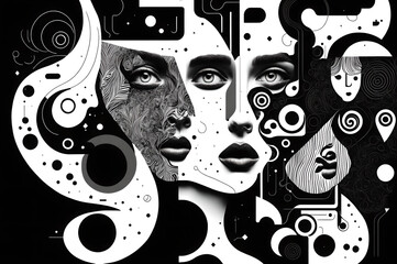 black and white women face overlapping lines and dots in collage art, abstract illustration, generative ai