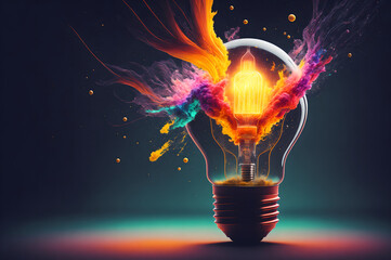 An explosion of colors from a light bulb, creative concept, smart and beautiful idea, generative ai 
