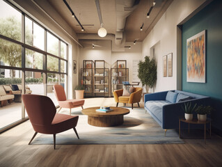 This office is designed to enhance creativity and productivity with its minimalist style, ample natural light, vibrant decor, and discreetly placed smart home technology.