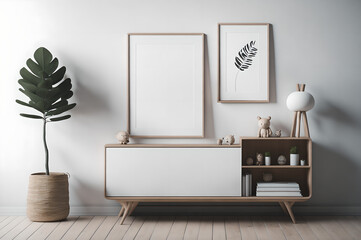 interior of a kid's room with white mockups for tableau, plants in the side, contemporary furniture design, generative ai 
