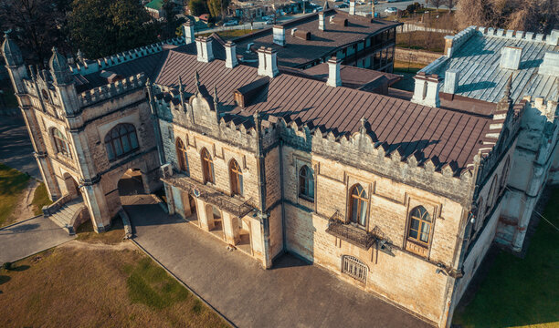 Dadiani Palace in Zugdidi, Georgia. State Historical-Architectural Museum, historical ancient building mansion or castle protect by unesco, aerial view from drone.