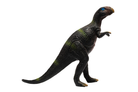 An isolated black toy dinosaur in profile. Psittacosaurus.