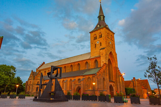 Sunset view of St. Canute's Cathedral in Danish town Odense