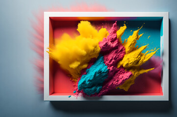 abstract powder colour frame explosion background with splashes, for displaying product, generative ai 