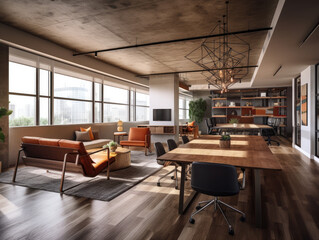 Fototapeta na wymiar This office is designed to enhance creativity and productivity with its minimalist style, ample natural light, vibrant decor, and discreetly placed smart home technology.