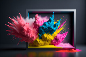 Fototapeta na wymiar abstract powder colour frame explosion background with splashes, for displaying product, generative ai 