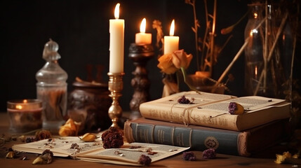 Fototapeta na wymiar Old books, candles and dry flowers on wooden table. halloween concept