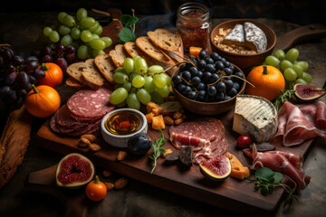 Italian food. Various types of salami, bacon, sausages, parmesan cheese, green olives, basil, vegetables, fruits and grapes on a wooden table. generative AI