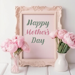 Mother's Day Vintage Frame with Vase and Flower Elements in Pastel Pinks and Greens, Text Reading Happy Mother's Day, Floral, Holiday - Generative AI