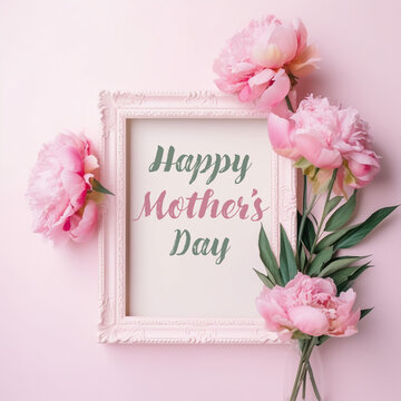Mother's Day Vintage Frame with Vase and Flower Elements in Pastel Pinks and Greens, Text Reading Happy Mother's Day, Floral, Holiday - Generative AI