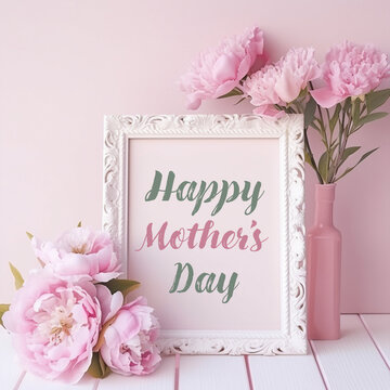 Mother's Day Vintage Frame with Vase and Flower Elements in Pastel Pinks and Greens, Text Reading Happy Mother's Day, Floral, Holiday - Generative AI