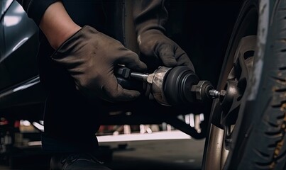 Close-up of the hands of a mechanic changing a wheel on a car with a pneumatic wrench, generative AI