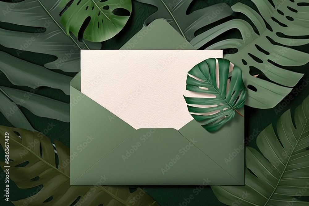 Poster card and envelope in the shape of palm leaves, blank inside generative ai