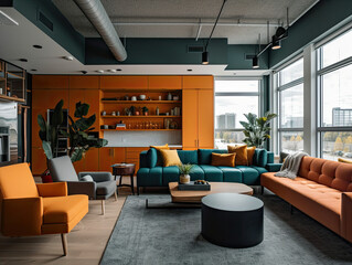This office is designed to enhance creativity and productivity with its minimalist style, ample natural light, vibrant decor, and discreetly placed smart home technology.