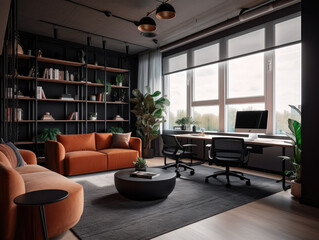 This office is designed to enhance creativity and productivity with its minimalist style, ample natural light, vibrant decor, and discreetly placed smart home technology.