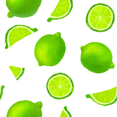 Lime seamless pattern. Lime and lime slices isolated on white background.