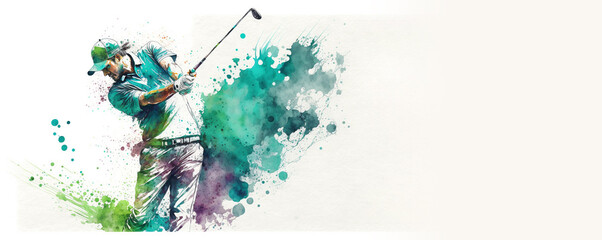 Golfer swing action sport player, watercolor painting banner illustration with copy space. Generative AI	
 - obrazy, fototapety, plakaty